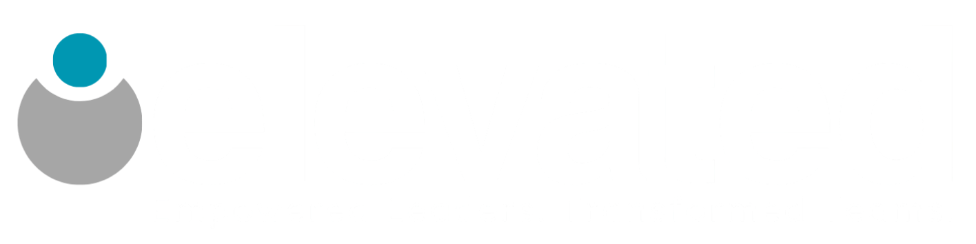 Elevated Ltd - white logo with two circles showing a human body and the words Elevated with the tagline Empowered Leaders, Transformed Teams.